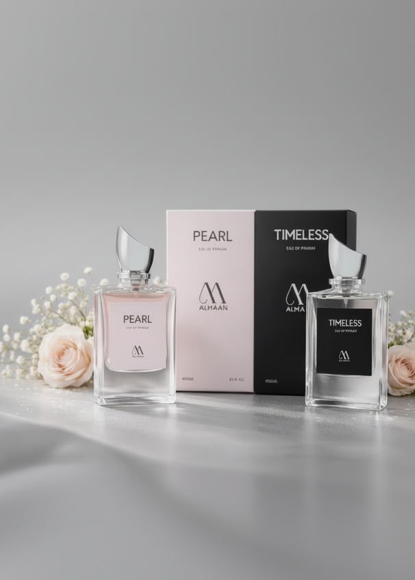 Two perfume bottles labeled 'Pearl' and 'Timeless' with their packaging on a gray background.
